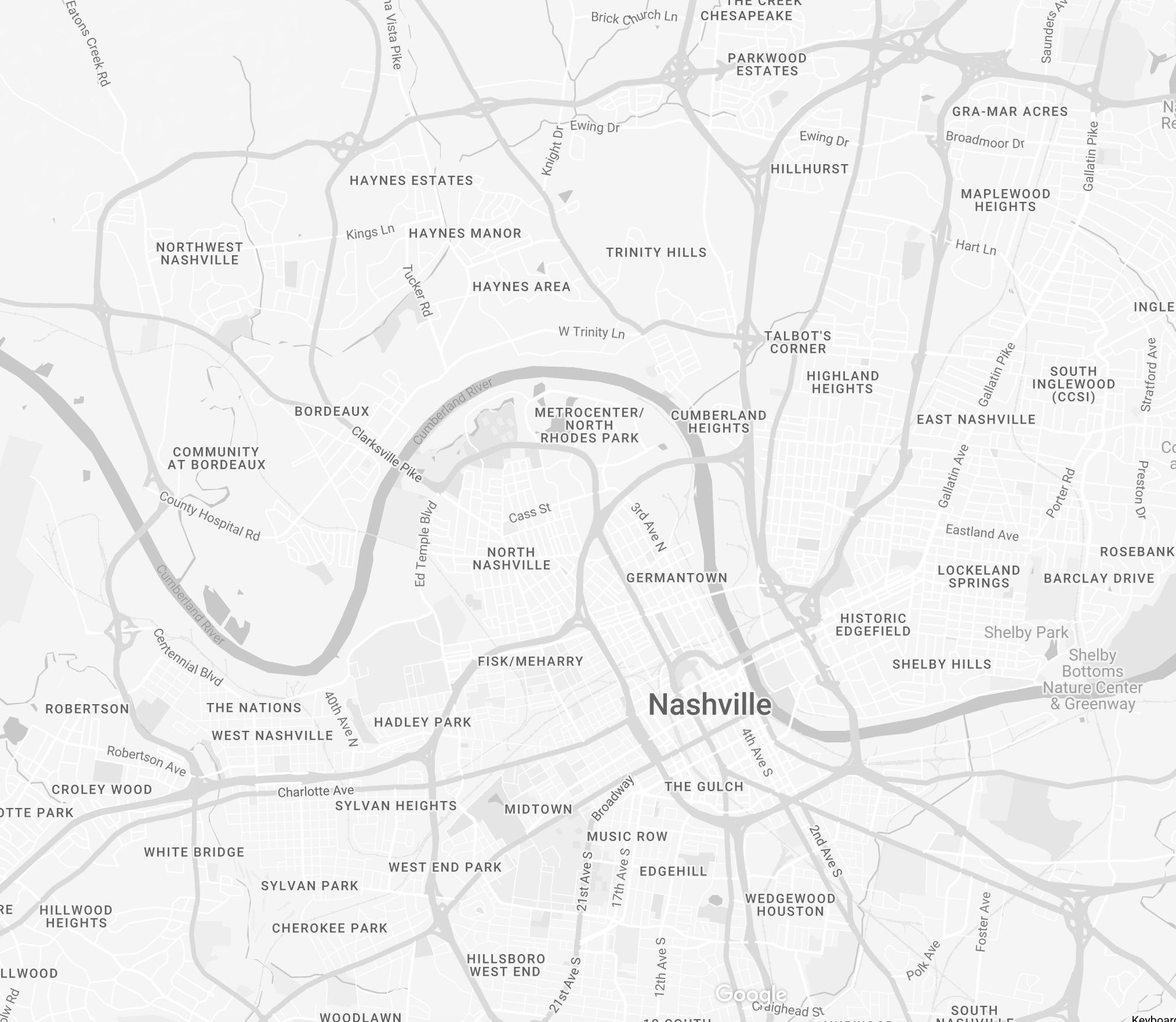 Map of Nashville showing both Music City Midwifery office locations